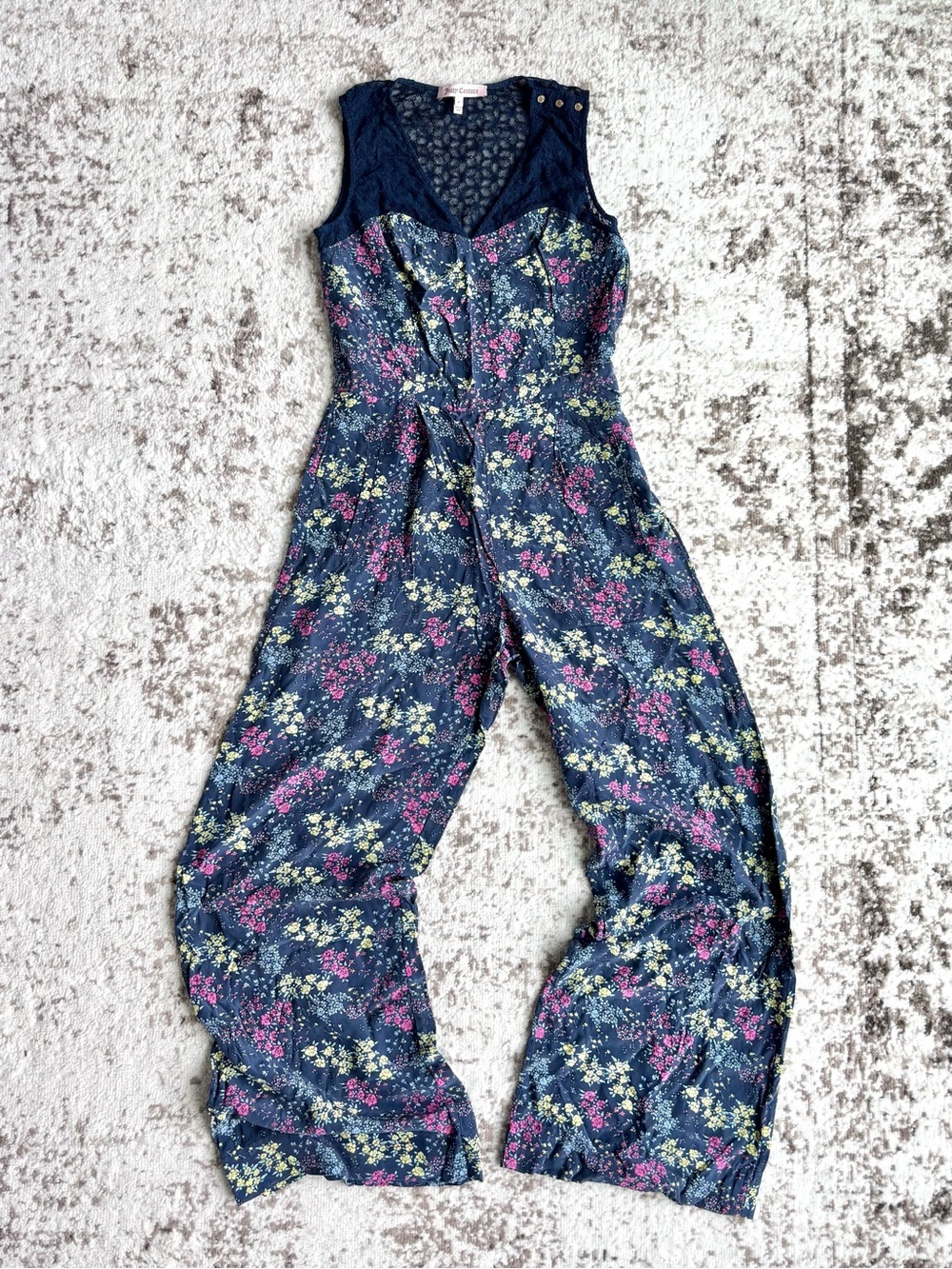 Juicy Couture 100% Silk Y2K Floral Navy Sleeveless Wide Leg Jumpsuit
